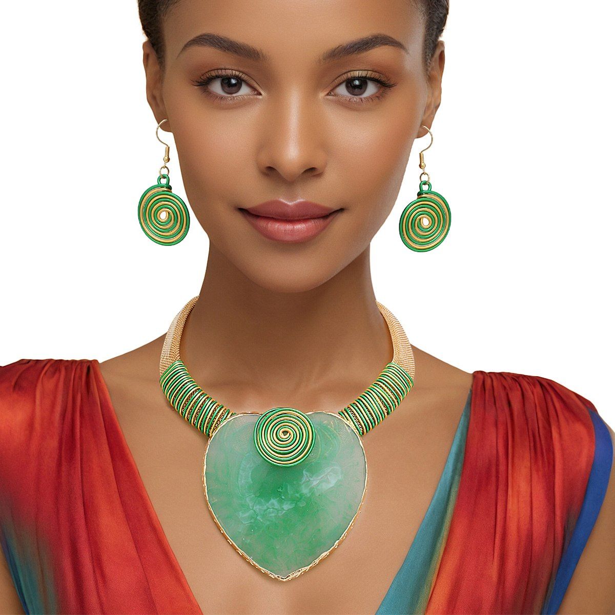 Gold Mesh Necklace Green Resin Palm Leaf Pendant Set