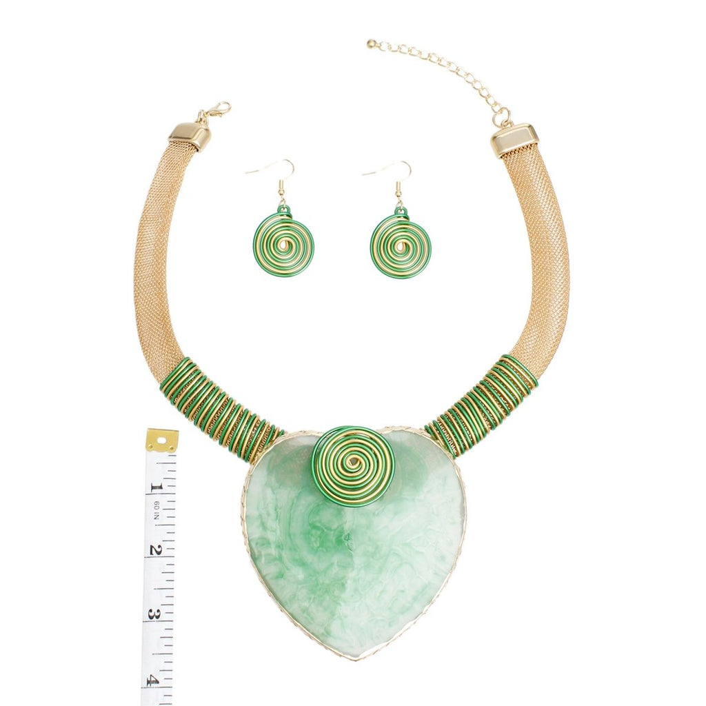 Gold Mesh Necklace Green Resin Palm Leaf Pendant Set