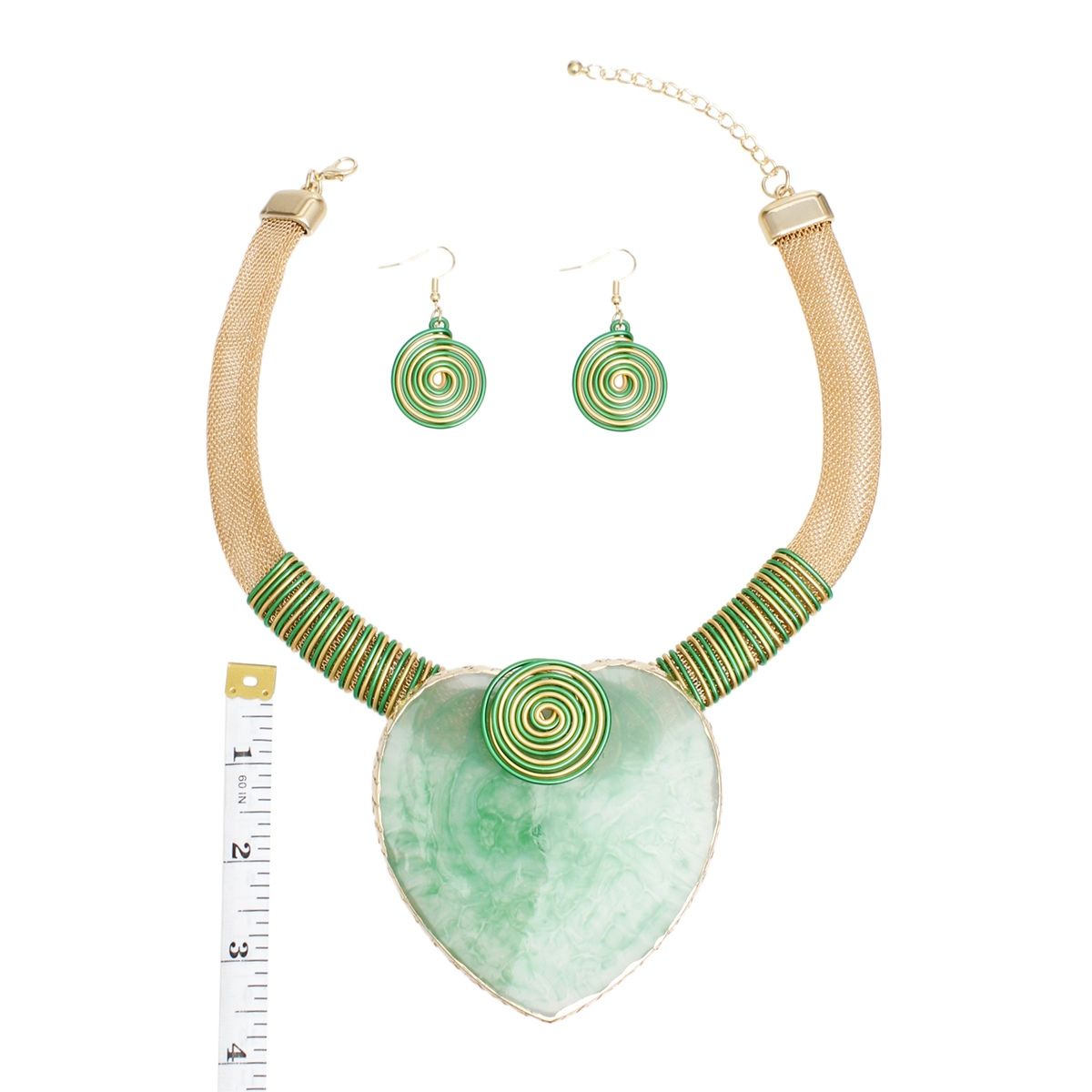 Gold Mesh Necklace Green Resin Palm Leaf Pendant Set