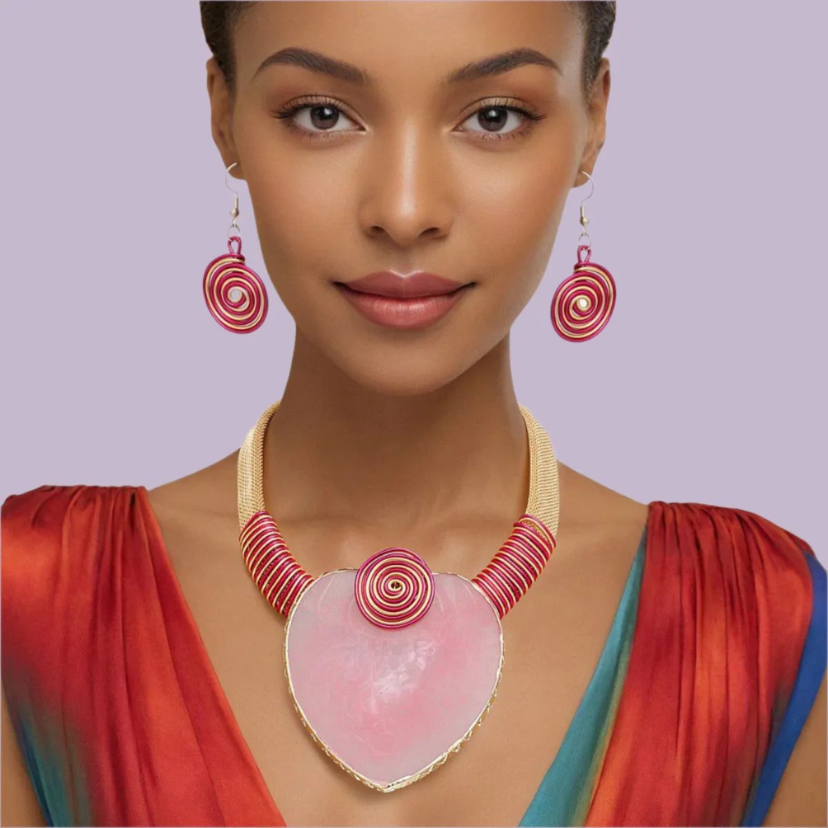 Bold Pink Palm Leaf Necklace Set – Complete Your Look