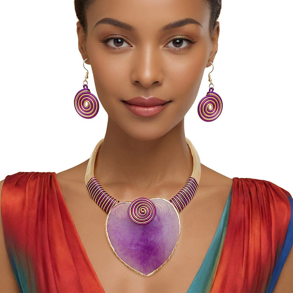 Gold Mesh Necklace Purple Resin Palm Leaf Pendant Set