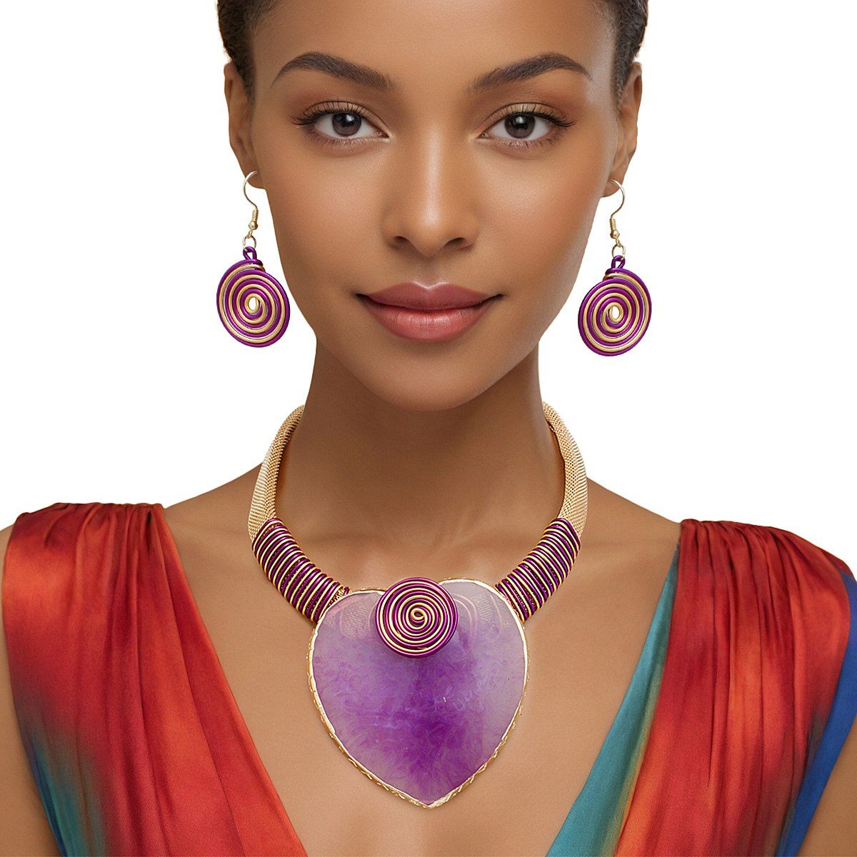 Gold Mesh Necklace Purple Resin Palm Leaf Pendant Set