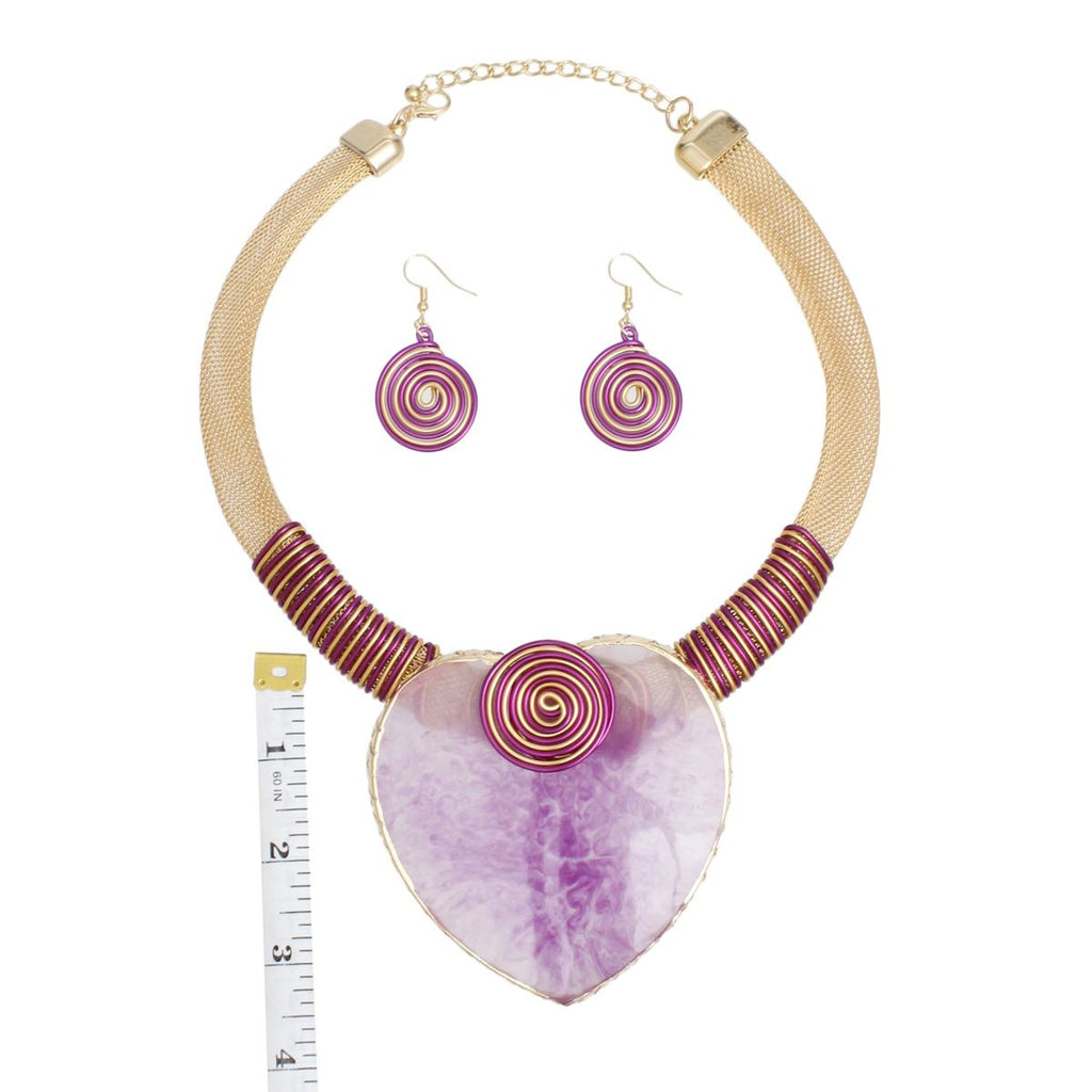 Gold Mesh Necklace Purple Resin Palm Leaf Pendant Set