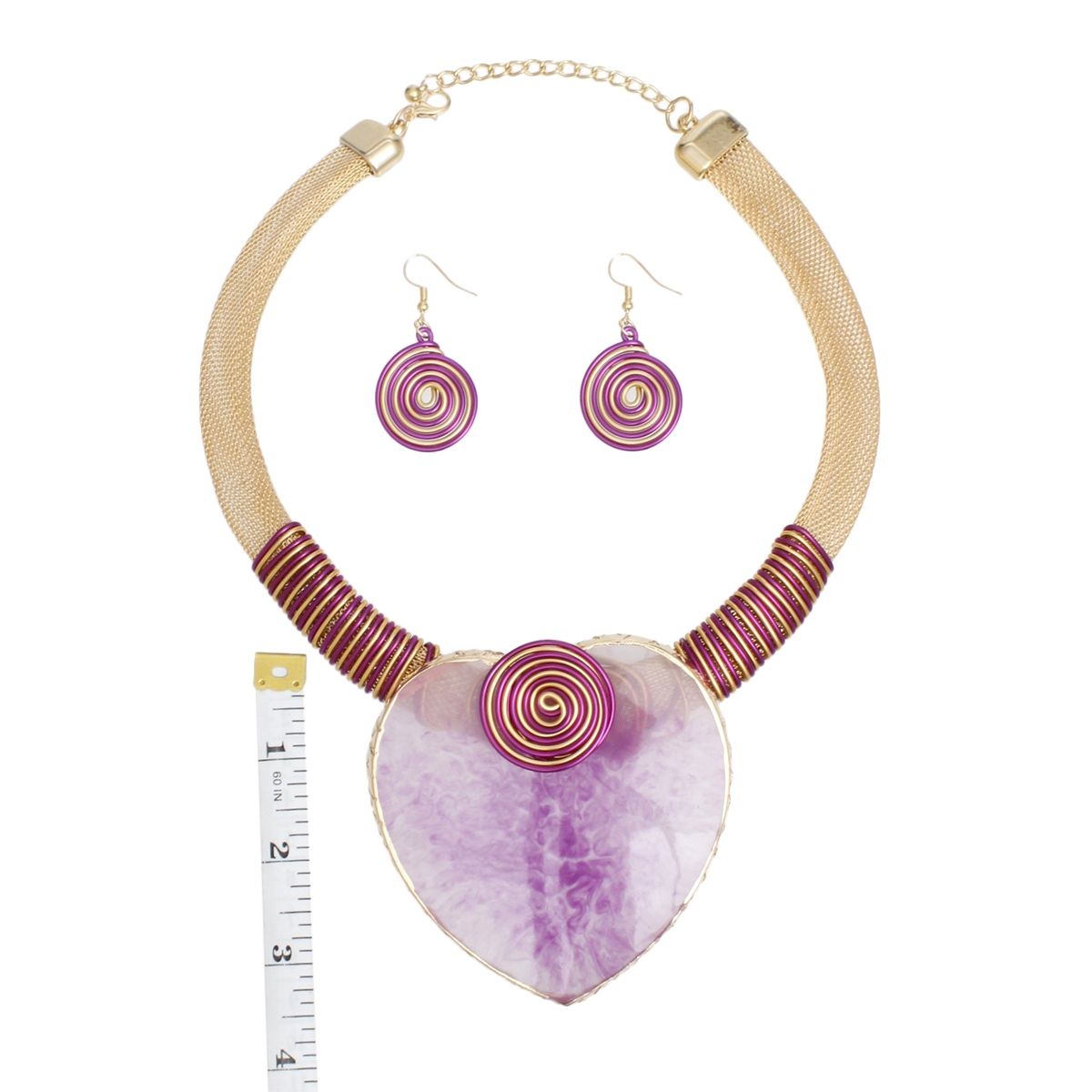Gold Mesh Necklace Purple Resin Palm Leaf Pendant Set