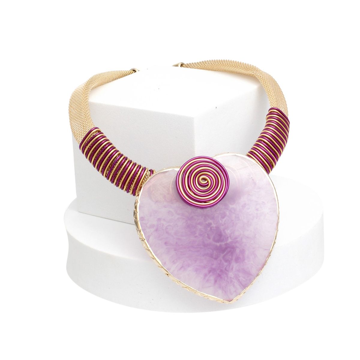Gold Mesh Necklace Purple Resin Palm Leaf Pendant Set