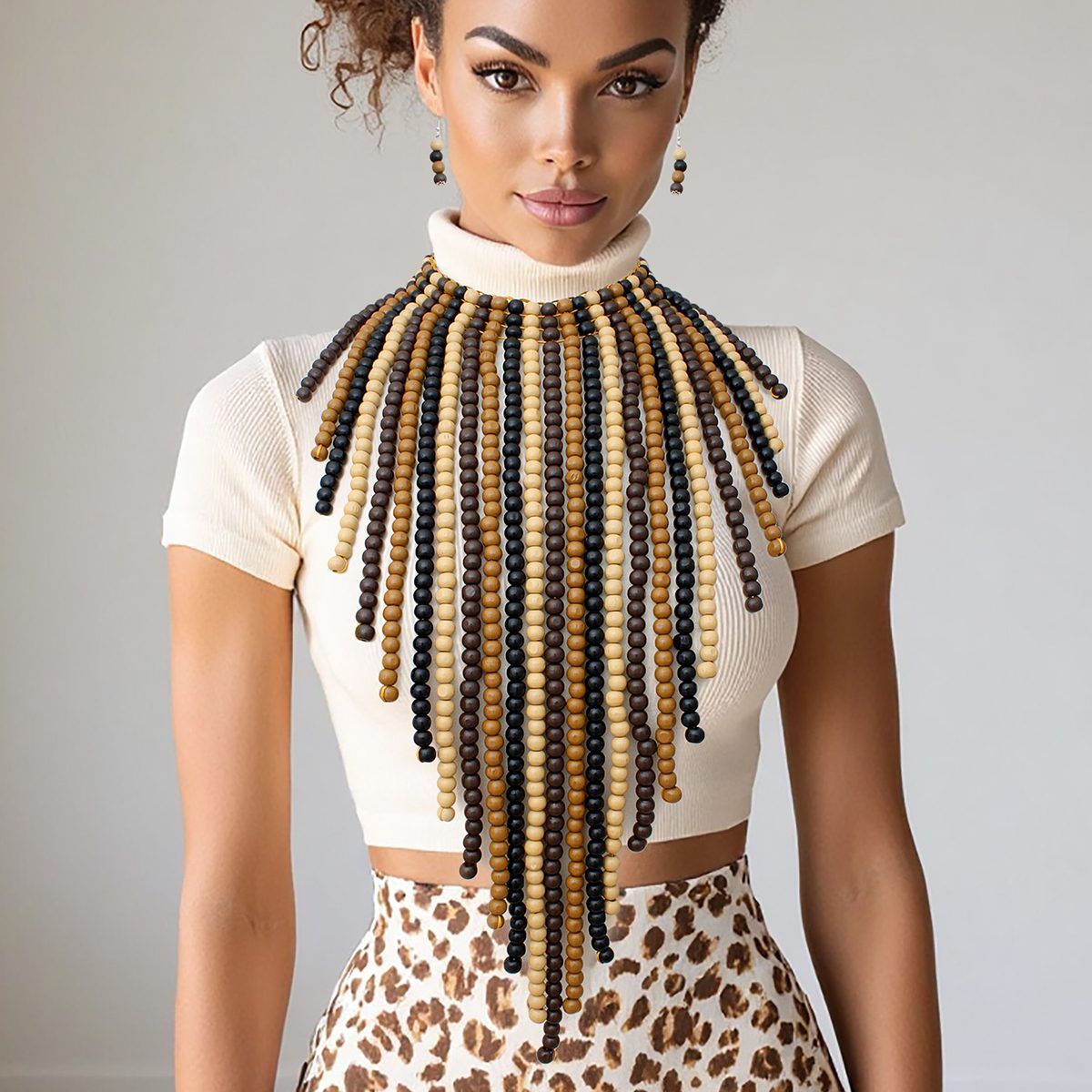Wooden Bead Fringe Bib Necklace Long Brown Choker & Earrings Set