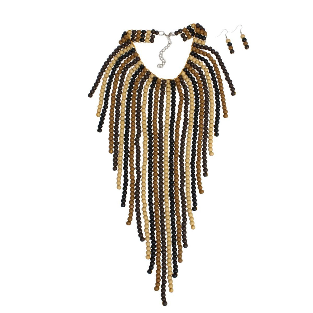 Wooden Bead Fringe Bib Necklace Long Brown Choker & Earrings Set