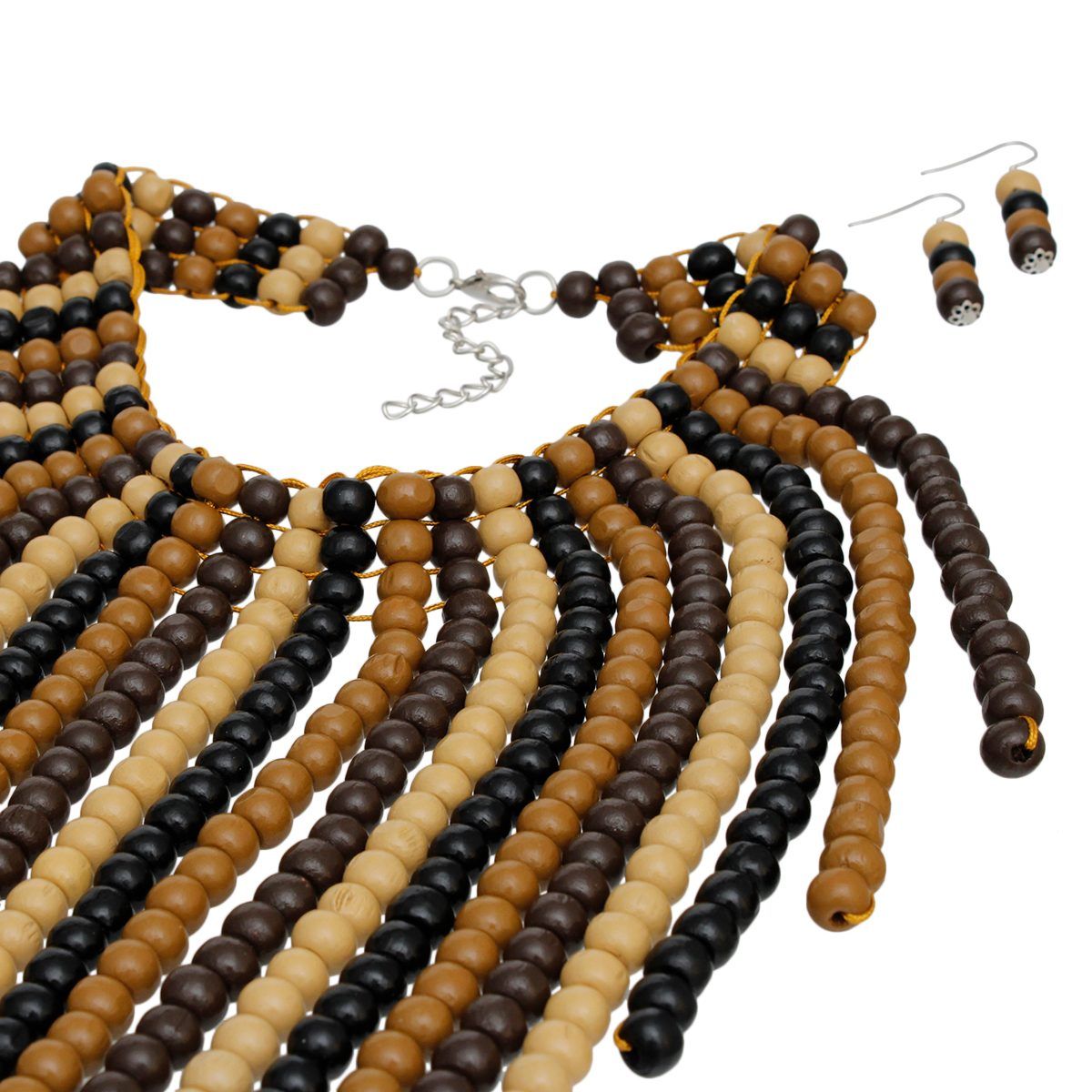 Wooden Bead Fringe Bib Necklace Long Brown Choker & Earrings Set