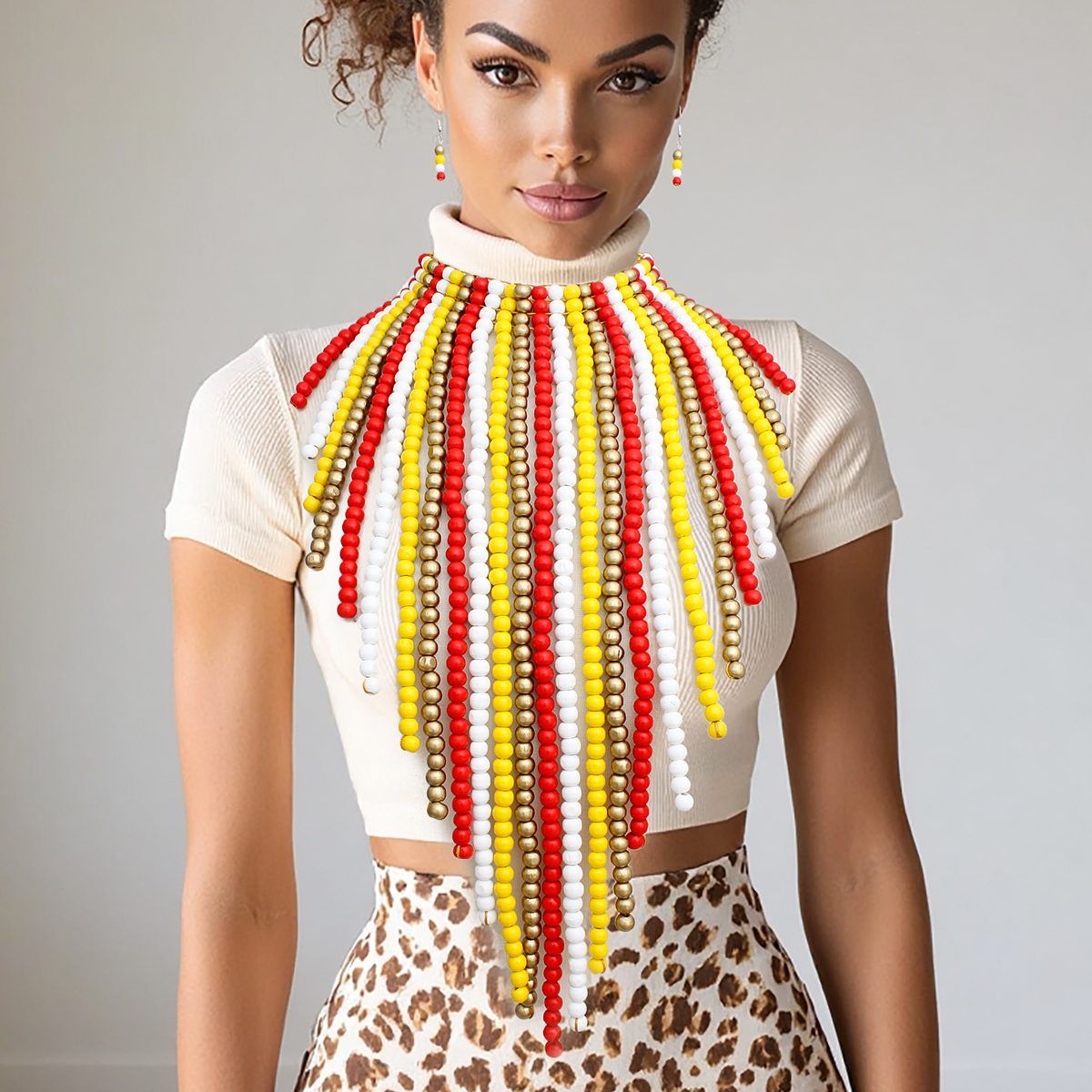 Wooden Bead Fringe Bib Necklace Long Colorful Choker & Earrings Set