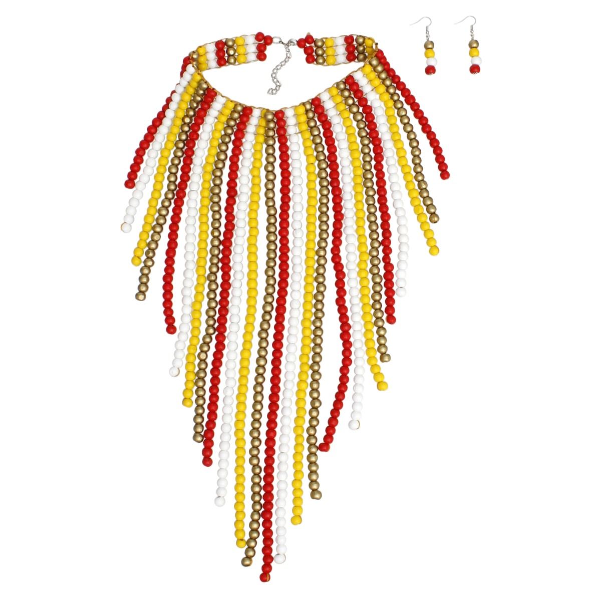 Wooden Bead Fringe Bib Necklace Long Colorful Choker & Earrings Set