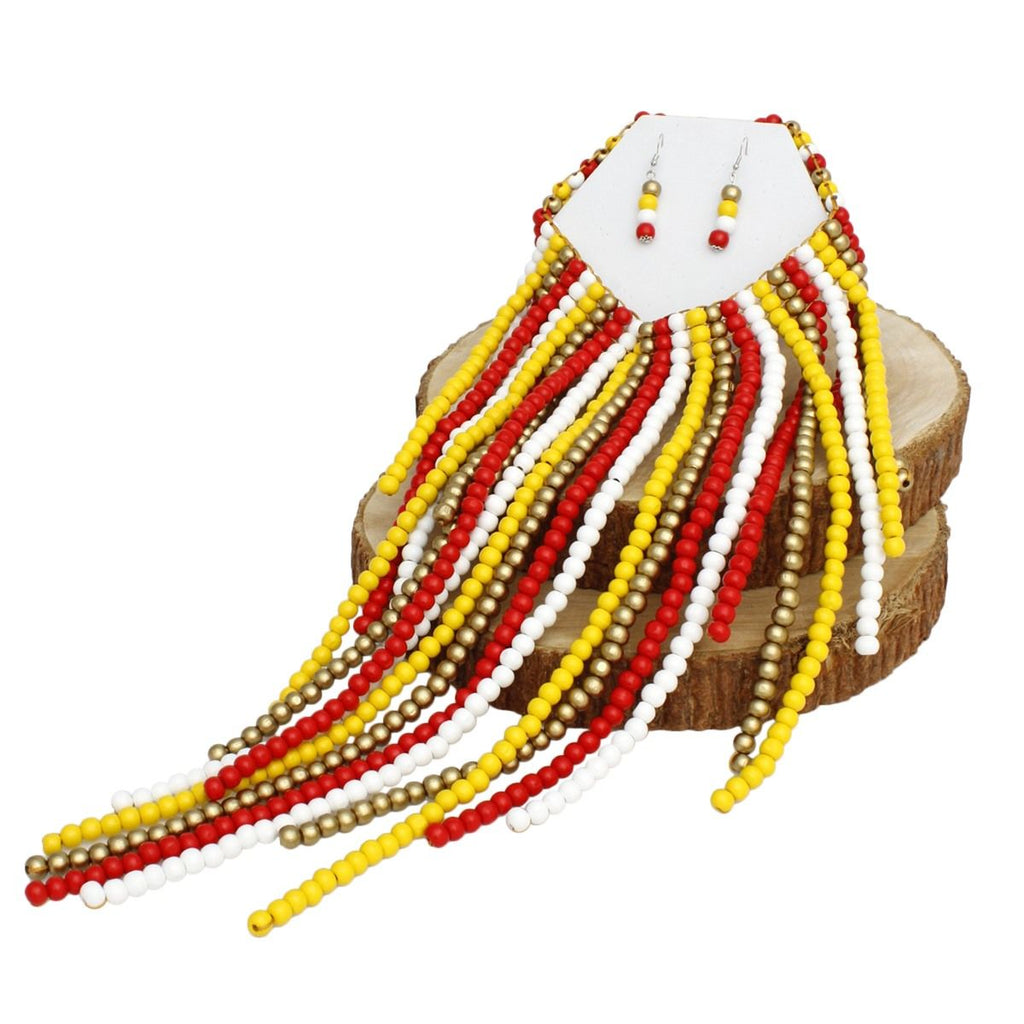 Wooden Bead Fringe Bib Necklace Long Colorful Choker & Earrings Set