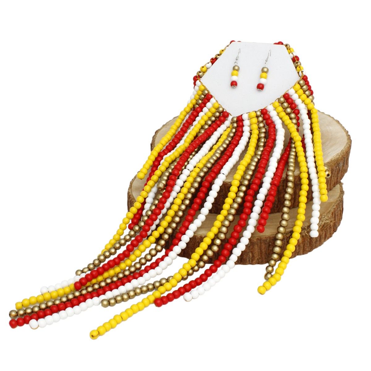 Wooden Bead Fringe Bib Necklace Long Colorful Choker & Earrings Set