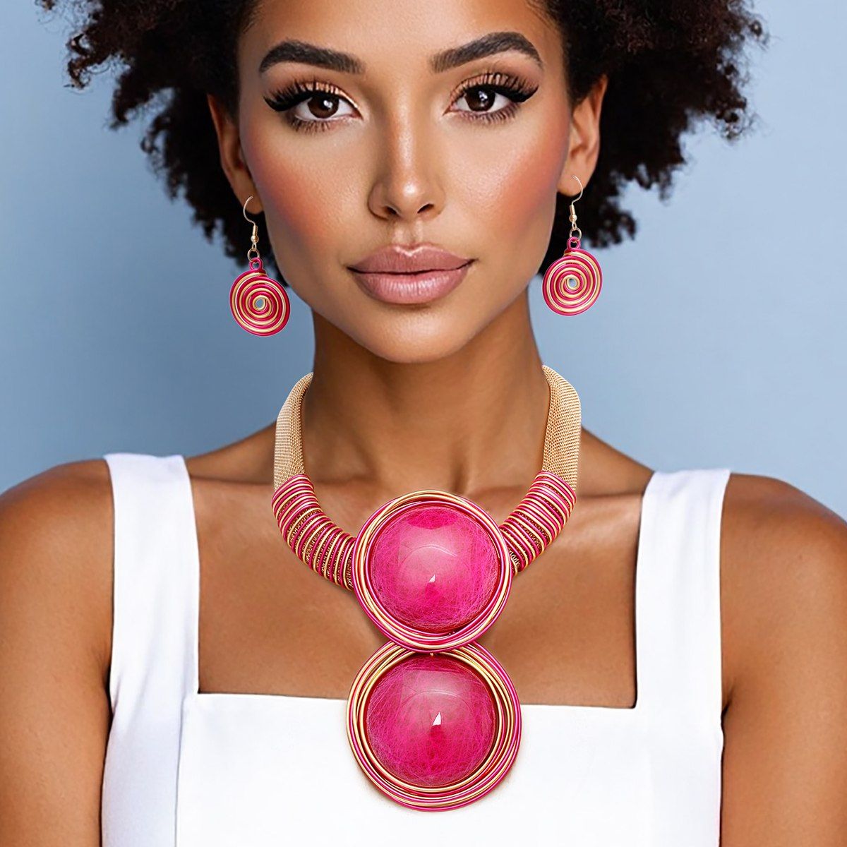 Collar Pendant Necklace Set Fuchsia Resin Gold Mesh | Fashion Jewelry