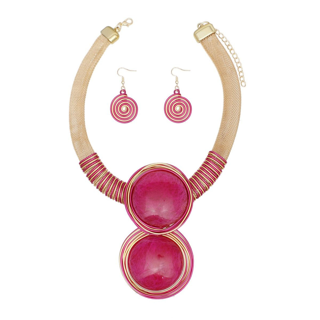 Collar Pendant Necklace Set Fuchsia Resin Gold Mesh | Fashion Jewelry