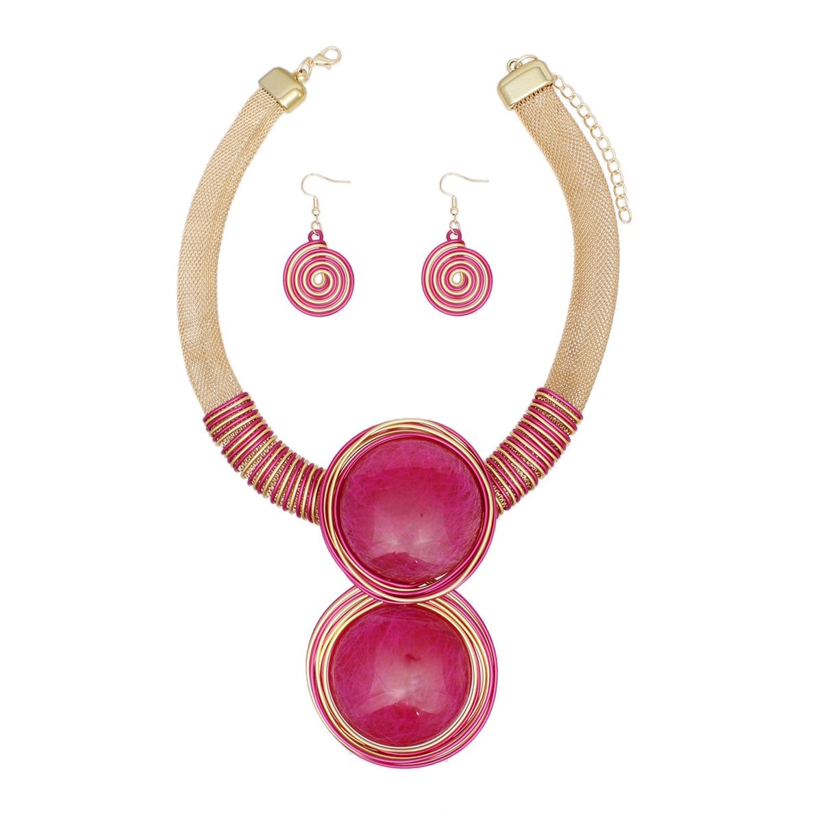 Collar Pendant Necklace Set Fuchsia Resin Gold Mesh | Fashion Jewelry