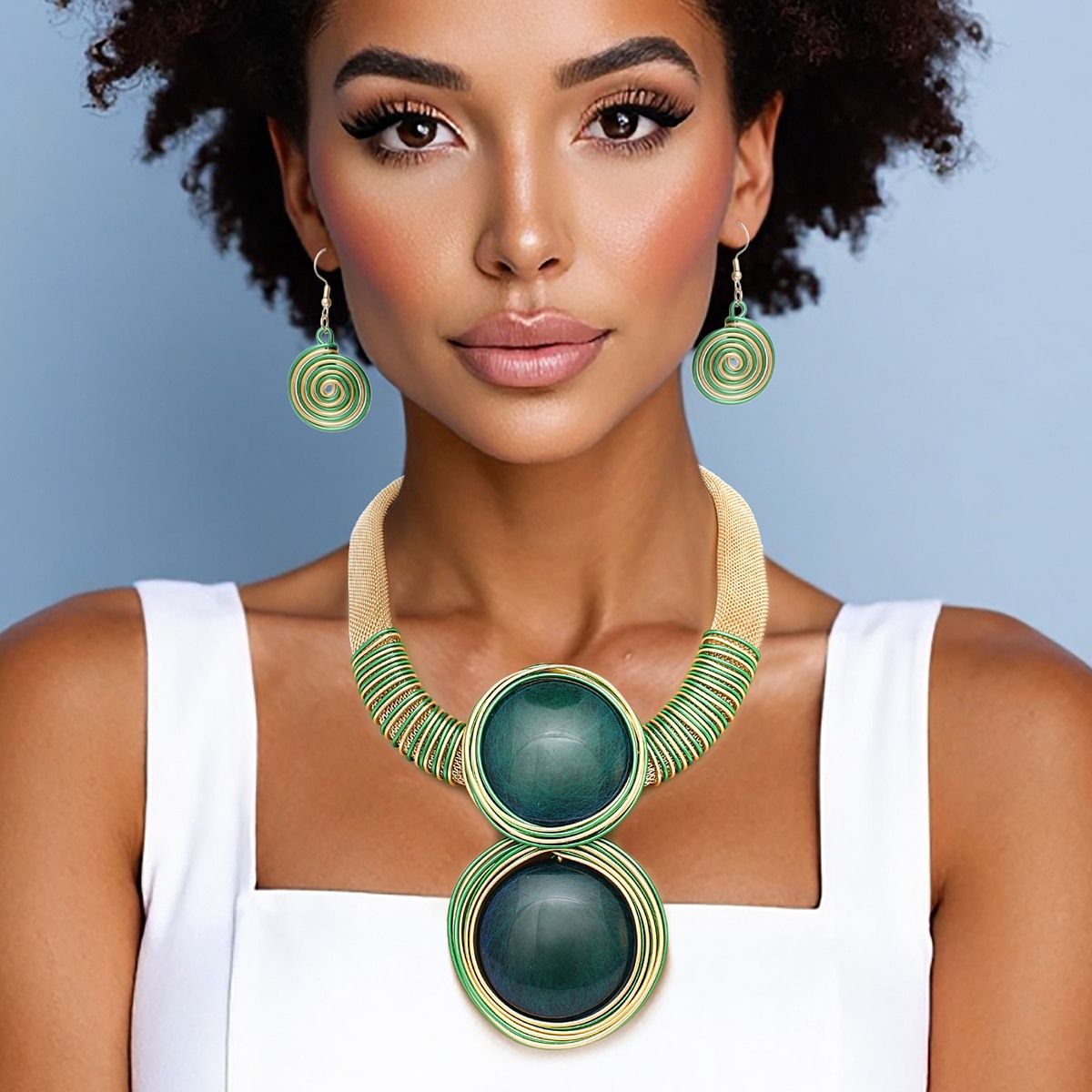 Collar Pendant Necklace Set Green Resin Gold Mesh | Fashion Jewelry