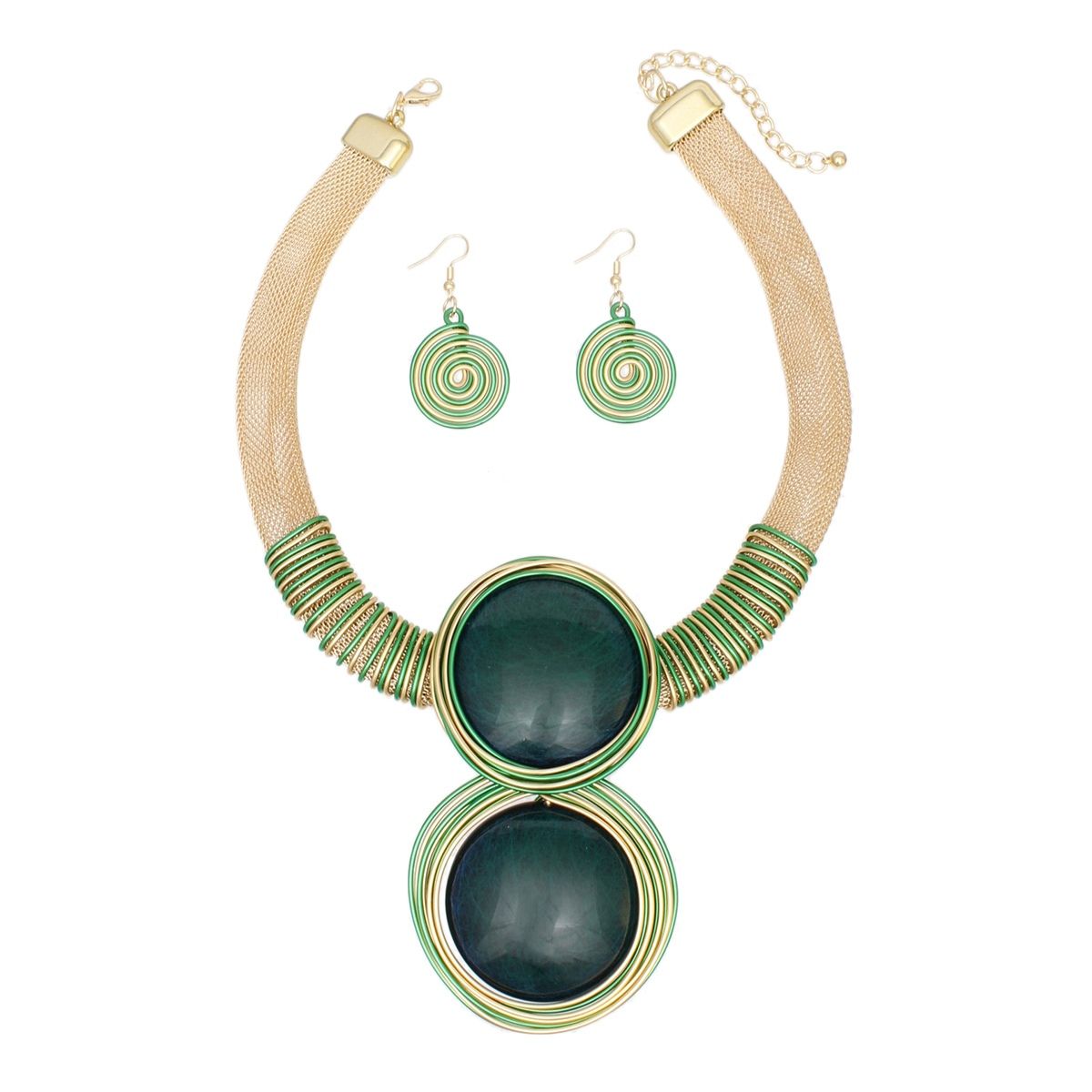 Collar Pendant Necklace Set Green Resin Gold Mesh | Fashion Jewelry