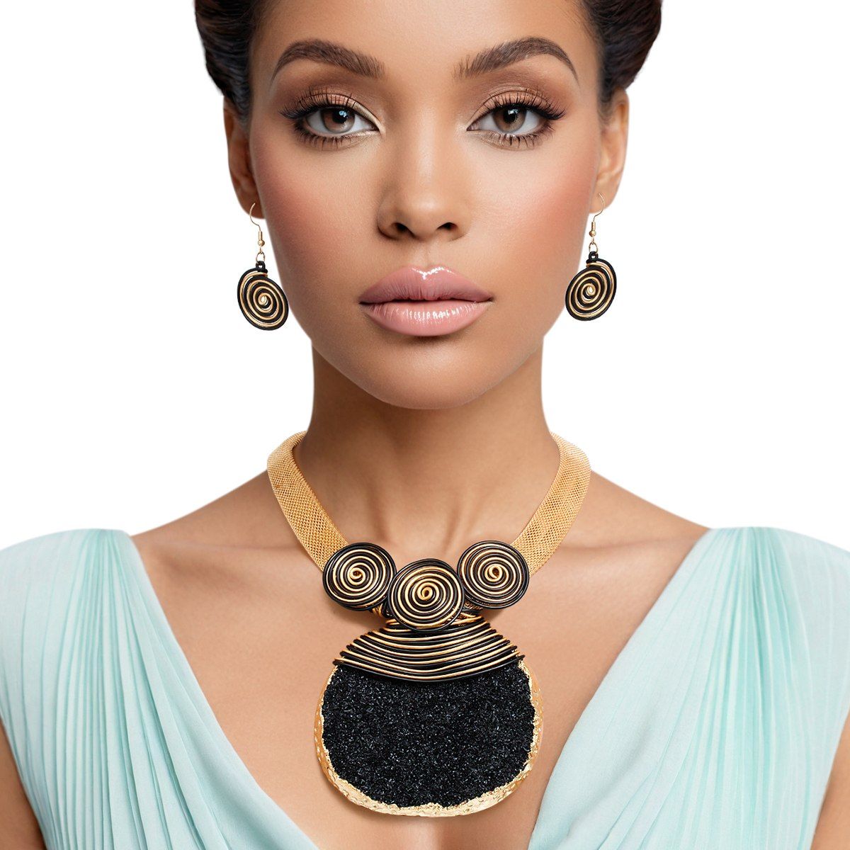 Gold Black Statement Necklace Coiled Wire Druzy Pendant Set | Fashion Jewelry