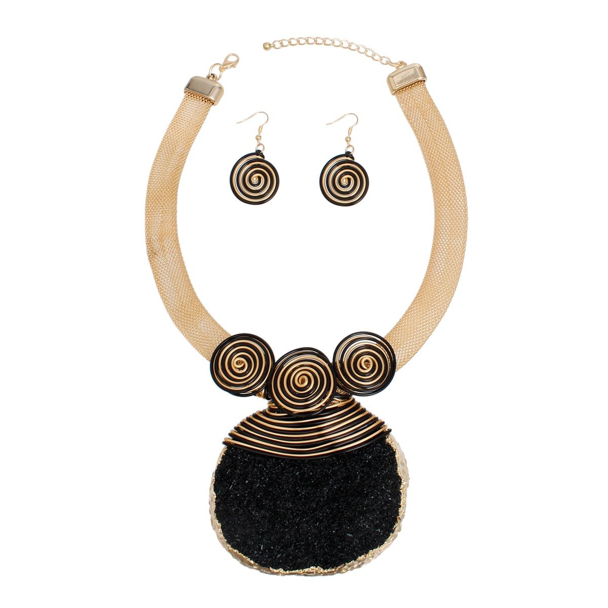Gold Black Statement Necklace Coiled Wire Druzy Pendant Set | Fashion Jewelry