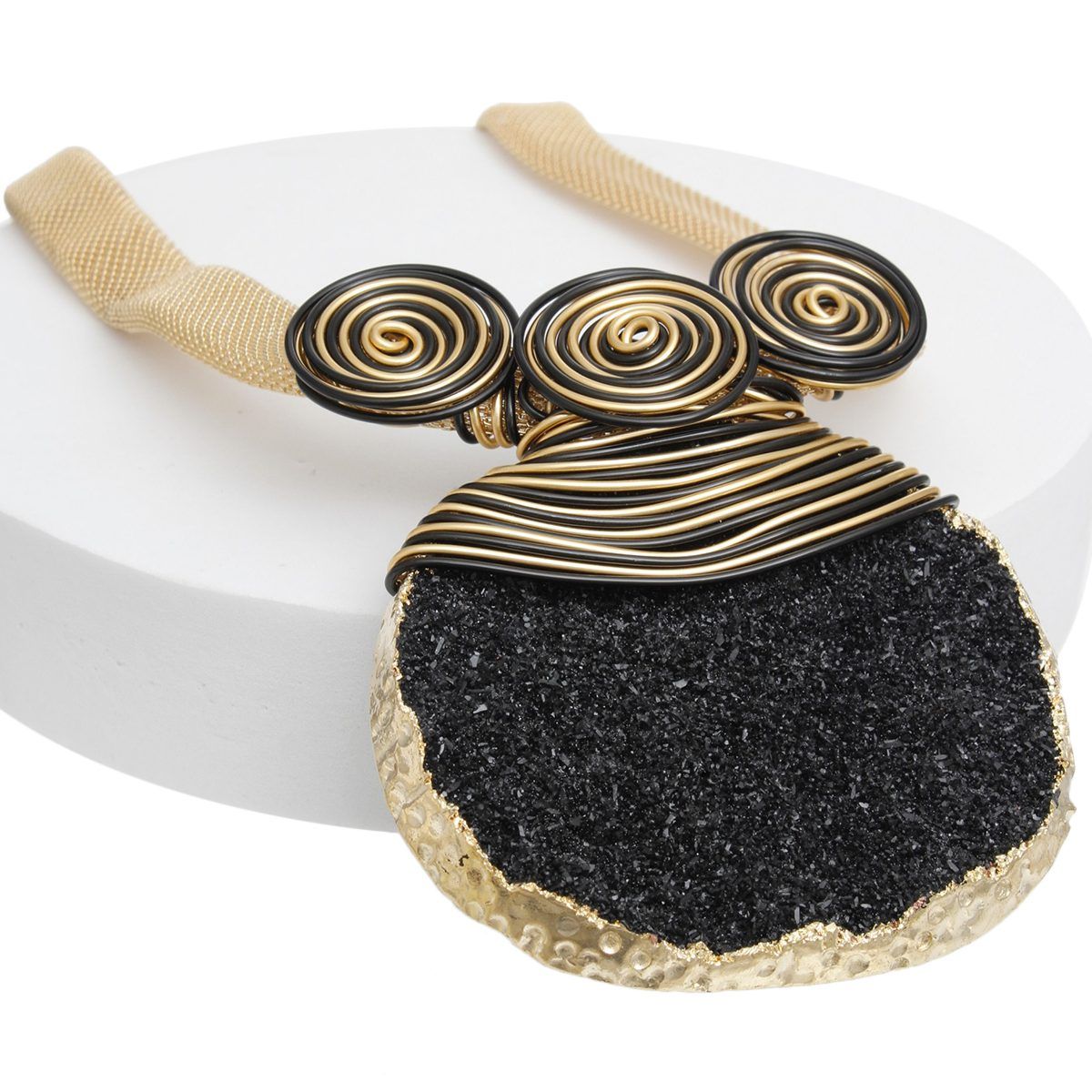 Gold Black Statement Necklace Coiled Wire Druzy Pendant Set | Fashion Jewelry