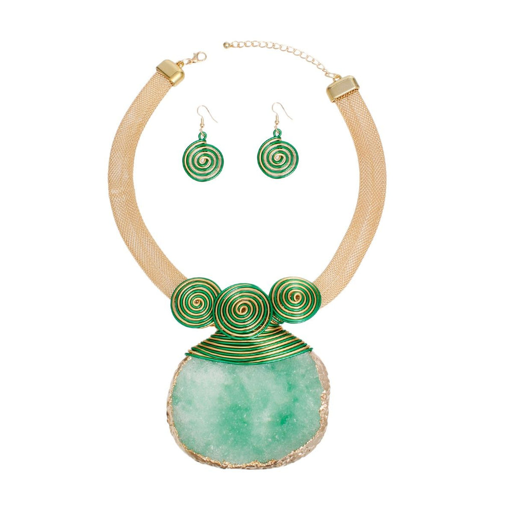 Gold Green Statement Necklace Coiled Wire Druzy Pendant Set | Fashion Jewelry