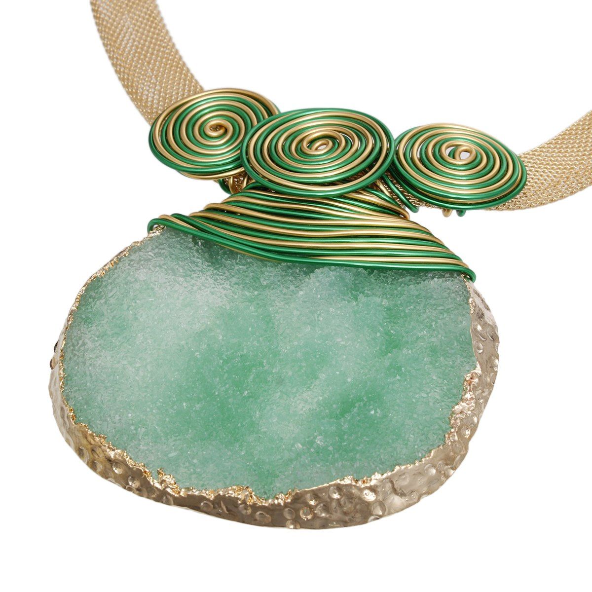 Gold Green Statement Necklace Coiled Wire Druzy Pendant Set | Fashion Jewelry
