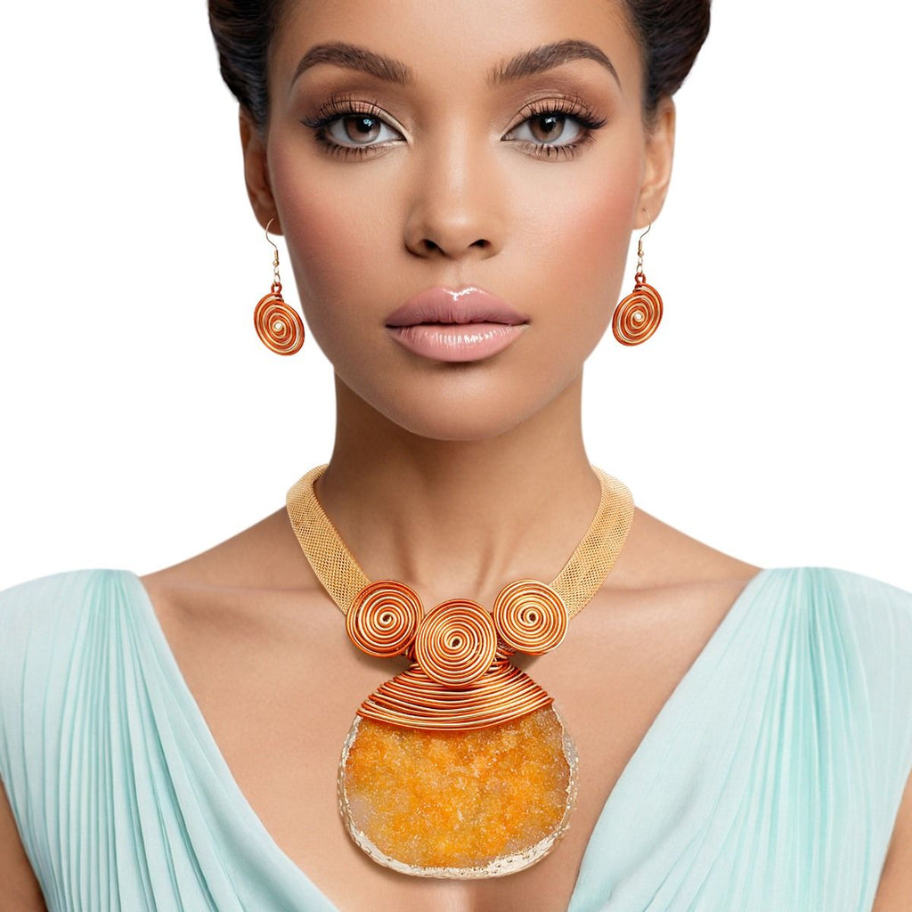 Gold Orange Statement Necklace Coiled Wire Druzy Pendant Set | Fashion Jewelry
