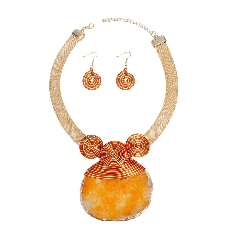 Gold Orange Statement Necklace Coiled Wire Druzy Pendant Set | Fashion Jewelry