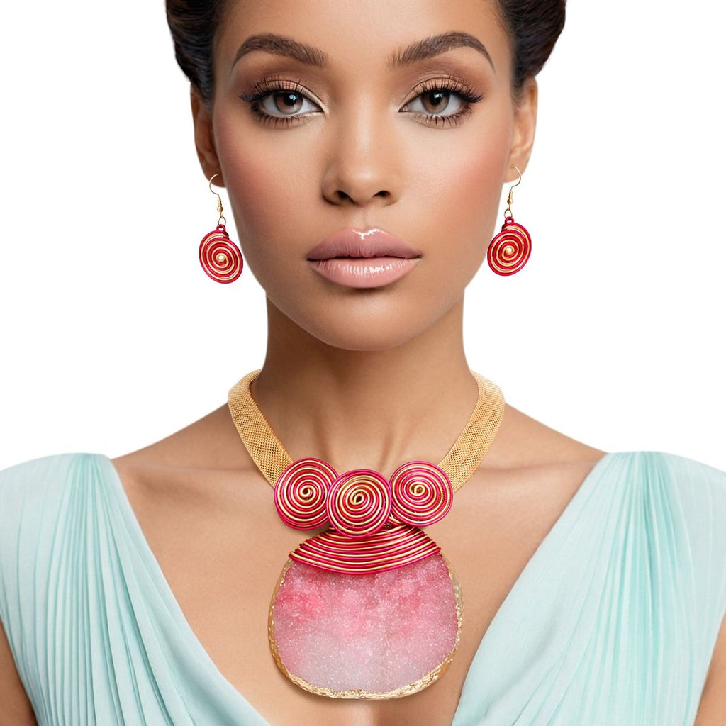 Gold Pink Statement Necklace Coiled Wire Druzy Pendant Set | Fashion Jewelry