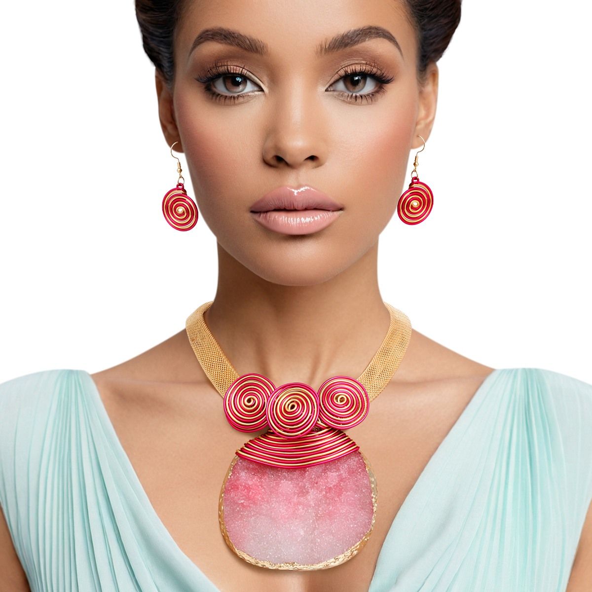 Gold Pink Statement Necklace Coiled Wire Druzy Pendant Set | Fashion Jewelry