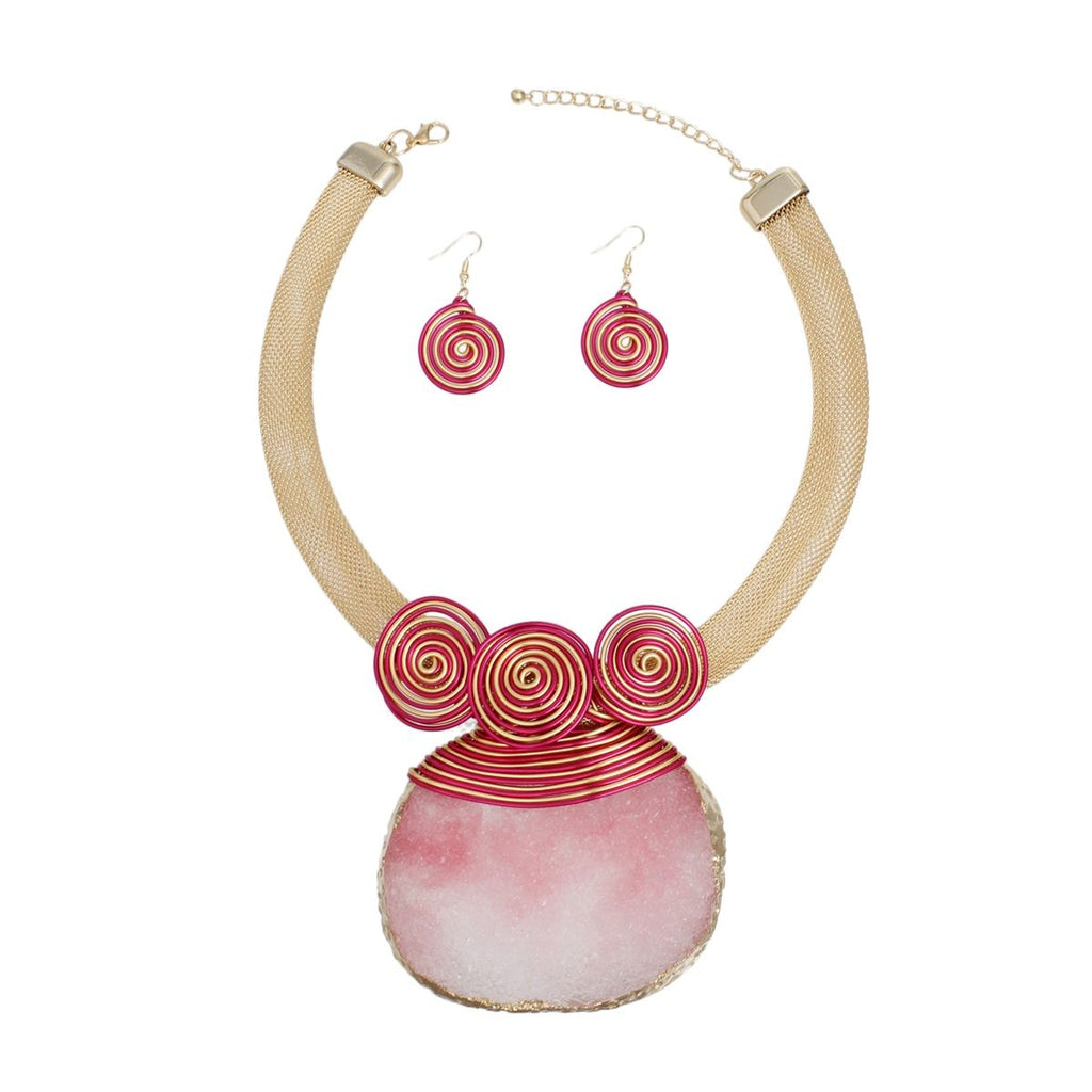 Gold Pink Statement Necklace Coiled Wire Druzy Pendant Set | Fashion Jewelry