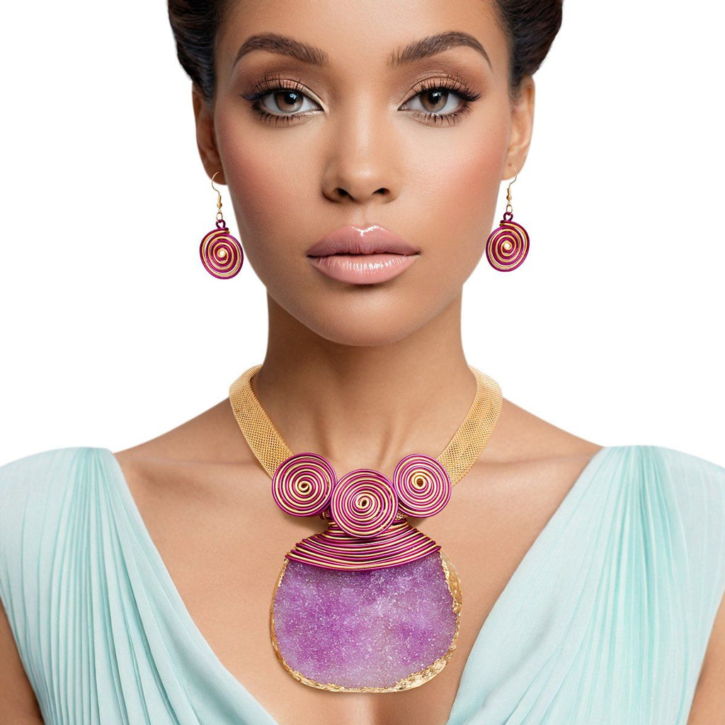 Gold Purple Statement Necklace Coiled Wire Druzy Pendant Set | Fashion Jewelry