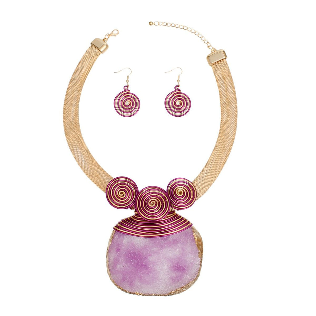Gold Purple Statement Necklace Coiled Wire Druzy Pendant Set | Fashion Jewelry