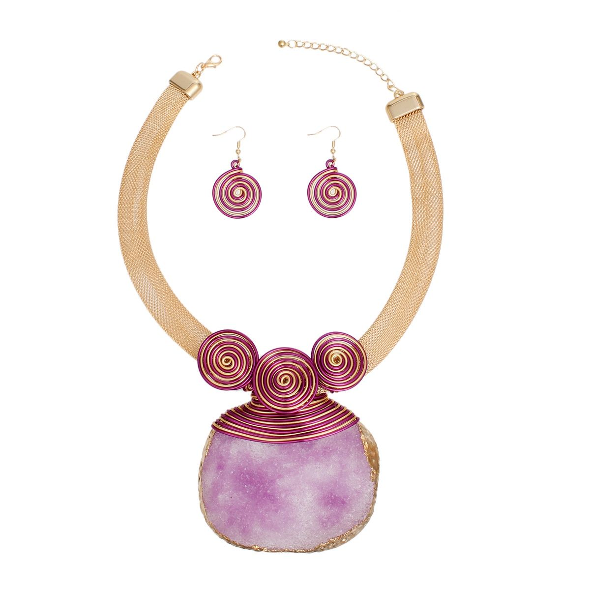 Gold Purple Statement Necklace Coiled Wire Druzy Pendant Set | Fashion Jewelry