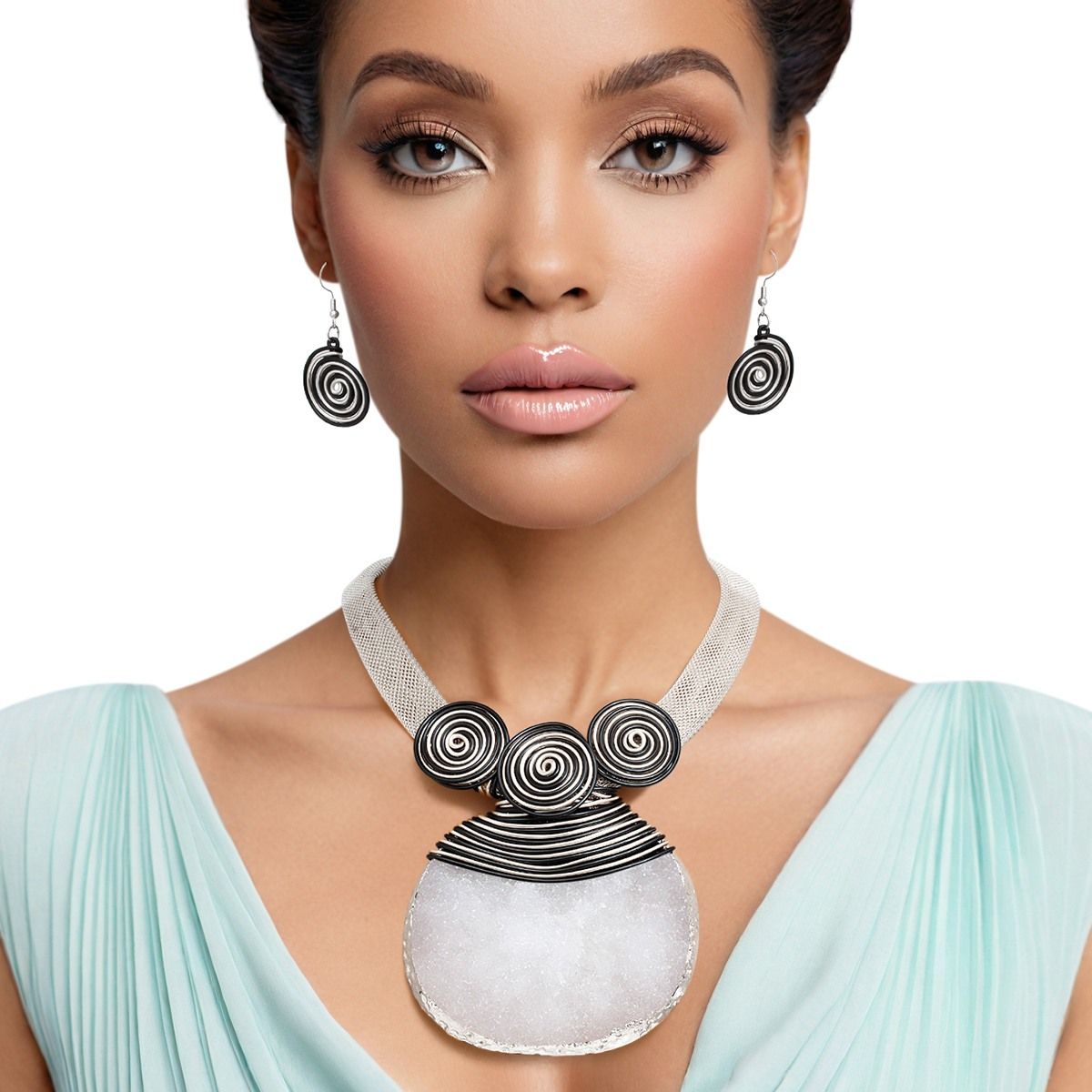 Silver Mesh Druzy Necklace Coiled Wire Pendant Set | Fashion Jewelry