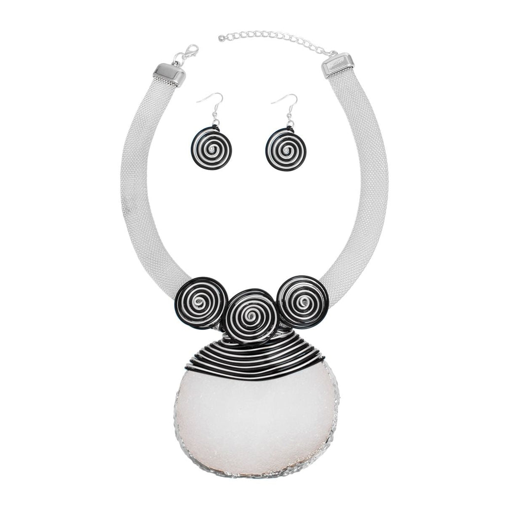 Silver Mesh Druzy Necklace Coiled Wire Pendant Set | Fashion Jewelry