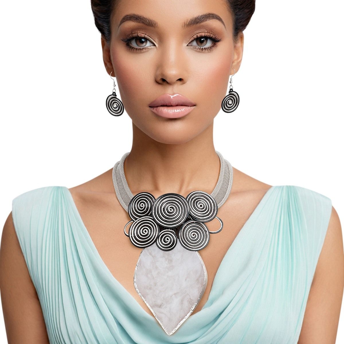 Silver Mesh Necklace Black Silver Coiled Wire Statement Set | Fashion Jewelry
