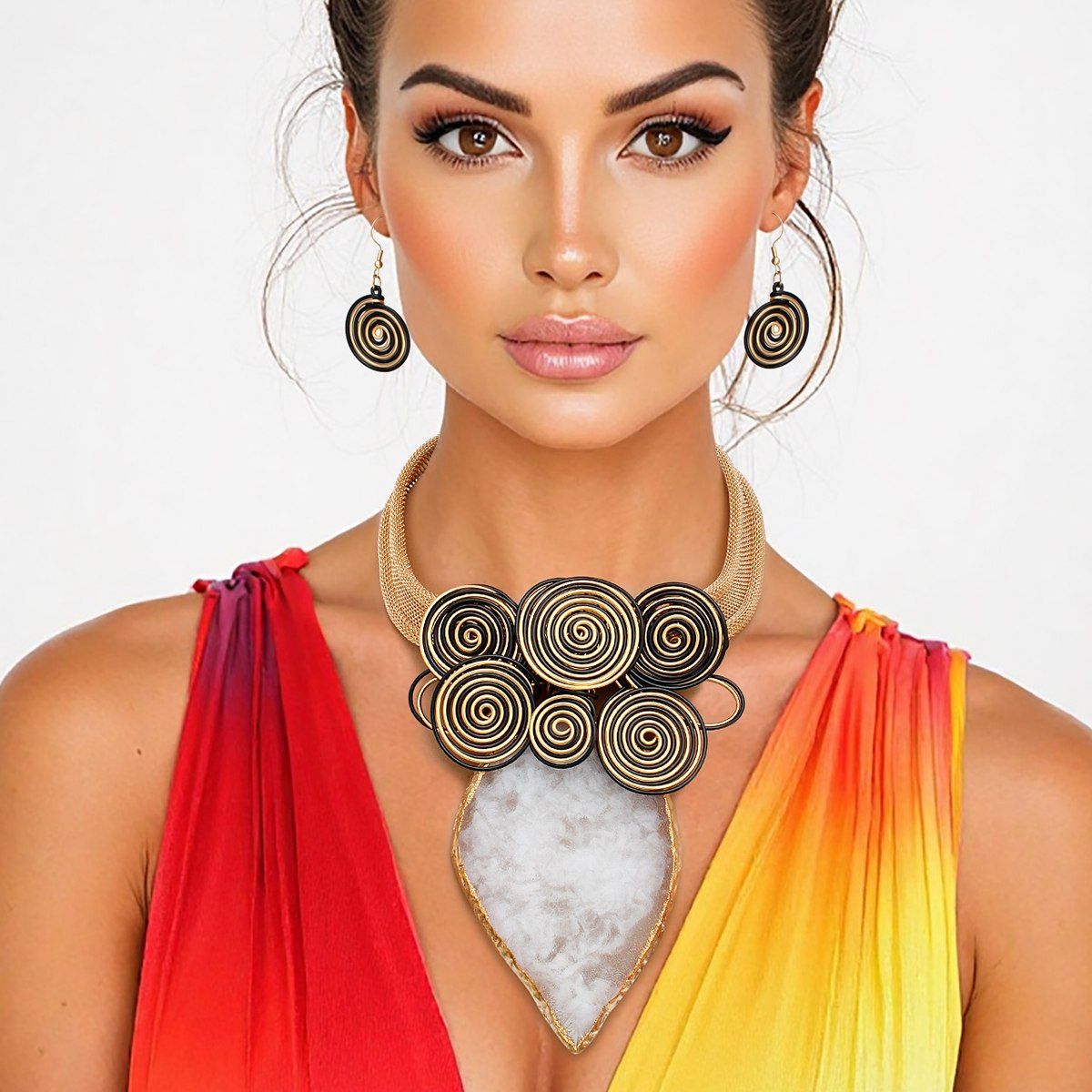Coiled Wire Statement Necklace Set Gold Mesh Chain White Resin Pendant