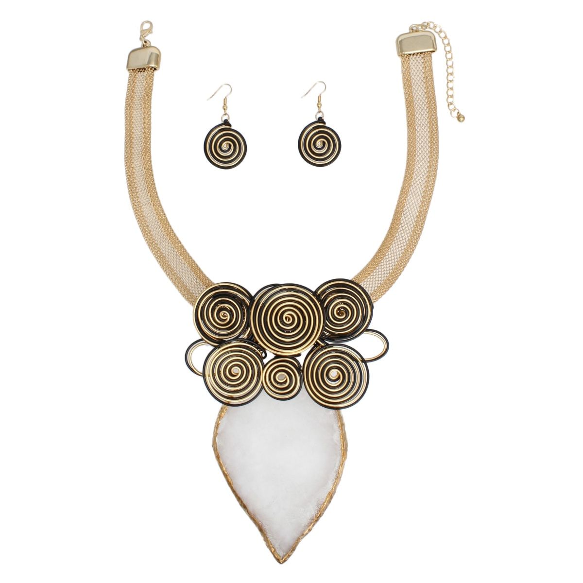 Coiled Wire Statement Necklace Set Gold Mesh Chain White Resin Pendant