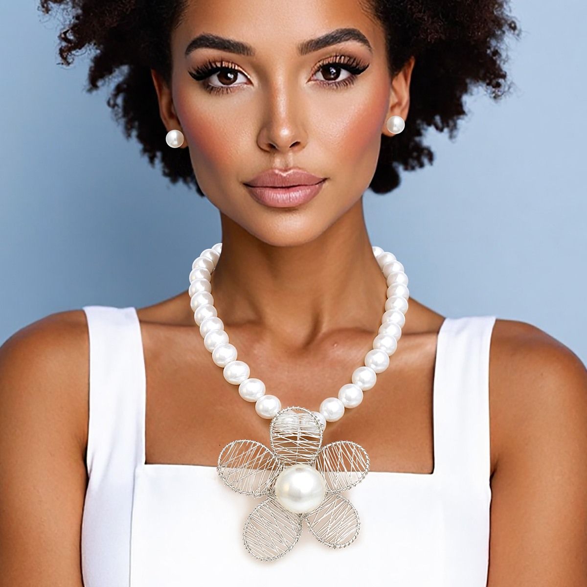 Pearl Necklace Set Artisan Flower Pendant Statement | Fashion Jewelry