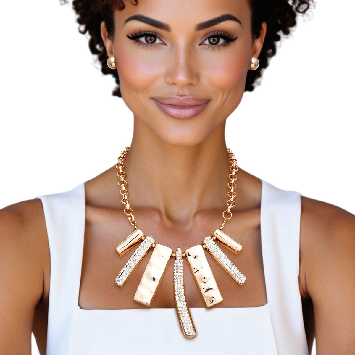 Gold Geometric Bar Necklace Rhinestone Bib Statement Set
