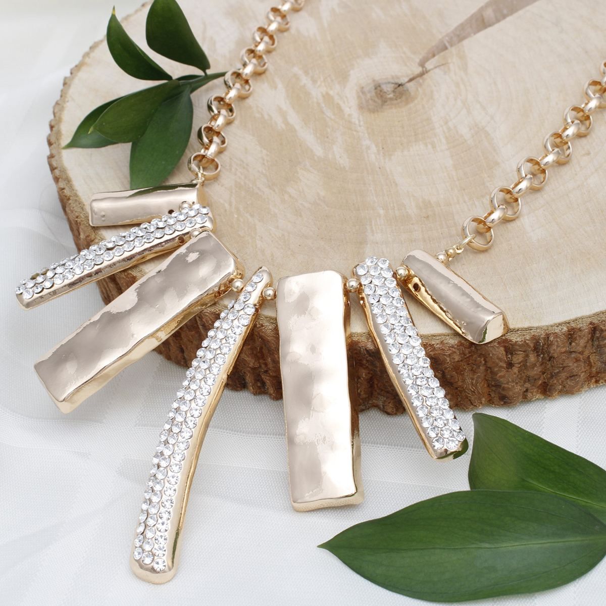 Gold Geometric Bar Necklace Rhinestone Bib Statement Set