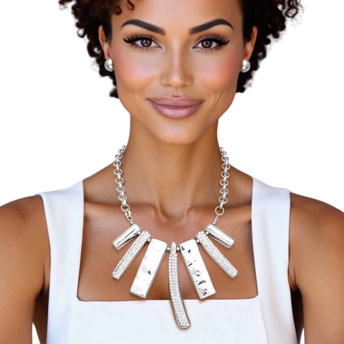 Silver Geometric Bar Necklace Rhinestone Bib Statement Set