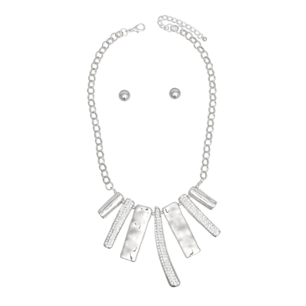 Silver Geometric Bar Necklace Rhinestone Bib Statement Set