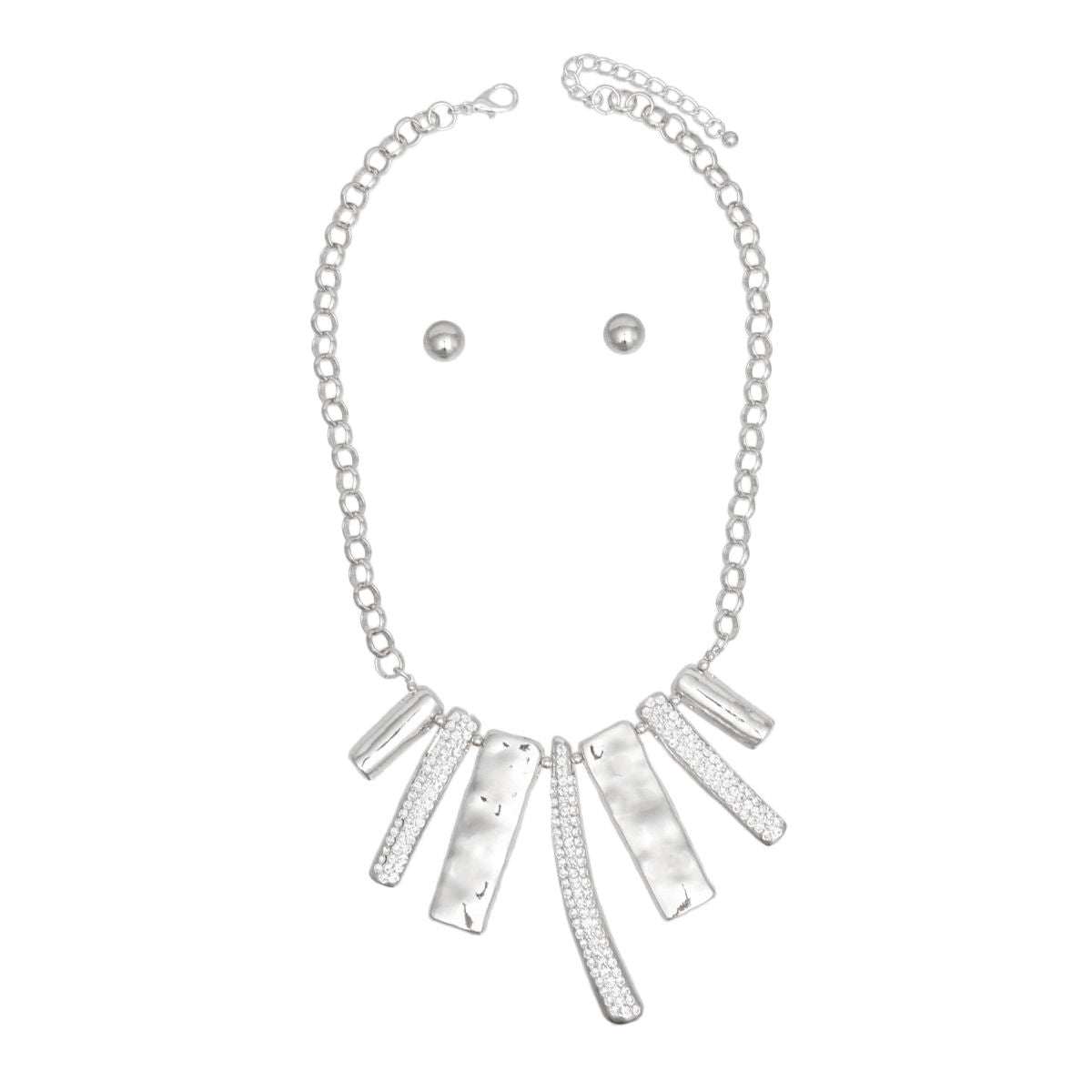 Silver Geometric Bar Necklace Rhinestone Bib Statement Set