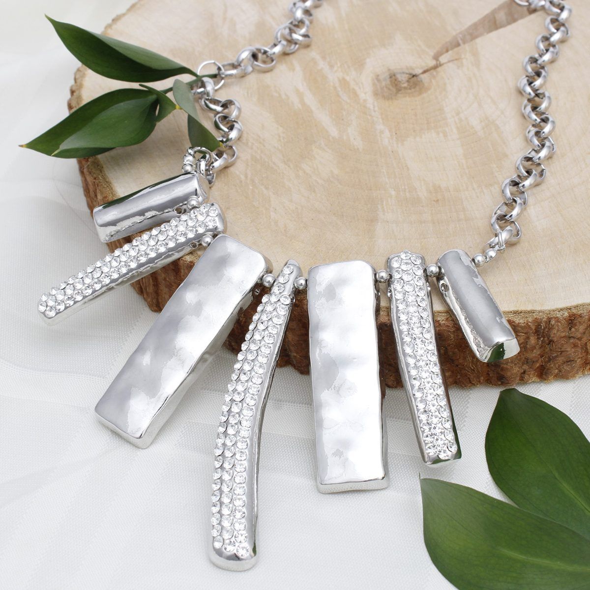 Silver Geometric Bar Necklace Rhinestone Bib Statement Set