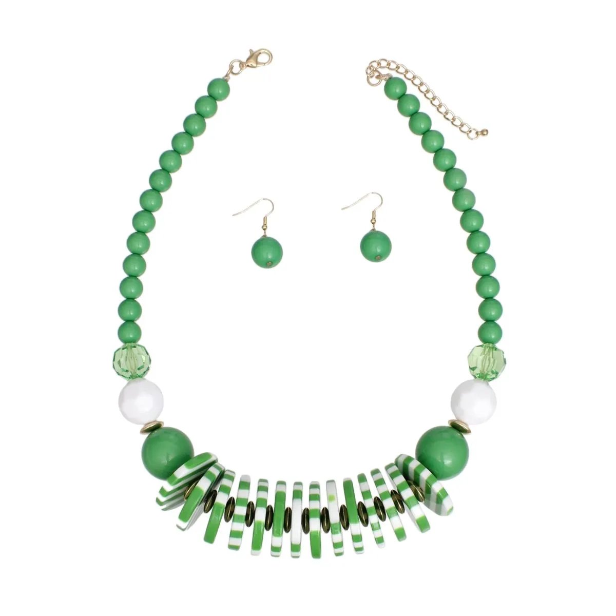 Midcentury Inspired Green & White Striped Disc Statement Necklace & Earring Set with Gold Accents