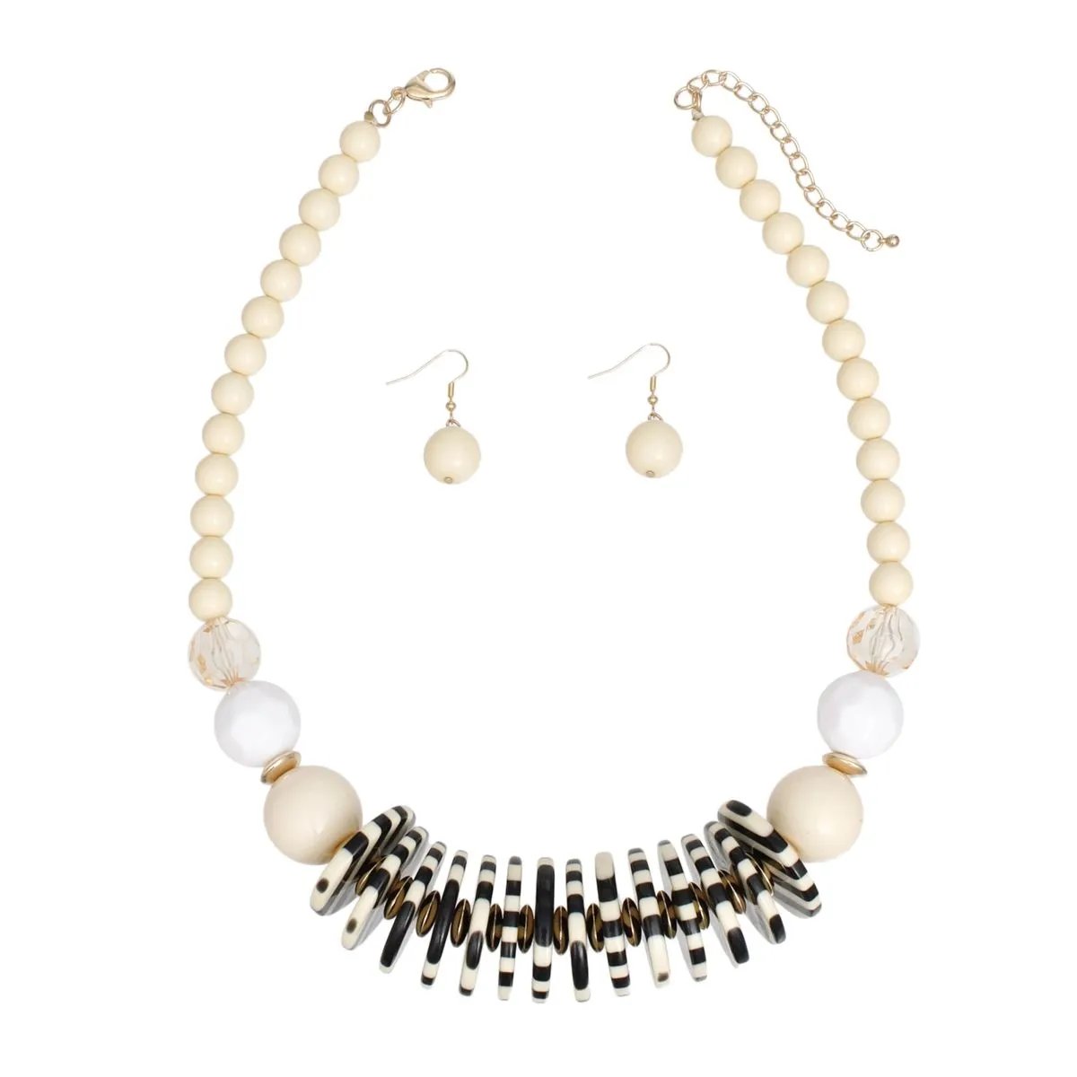Midcentury Inspired Black & Ivory Striped Disc Statement Necklace & Earring Set with Gold Accents