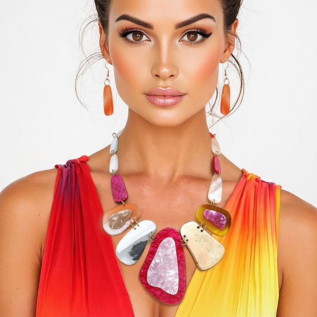 Multicolor Acrylic Bib Necklace Gold Tone Linked Set with Earrings