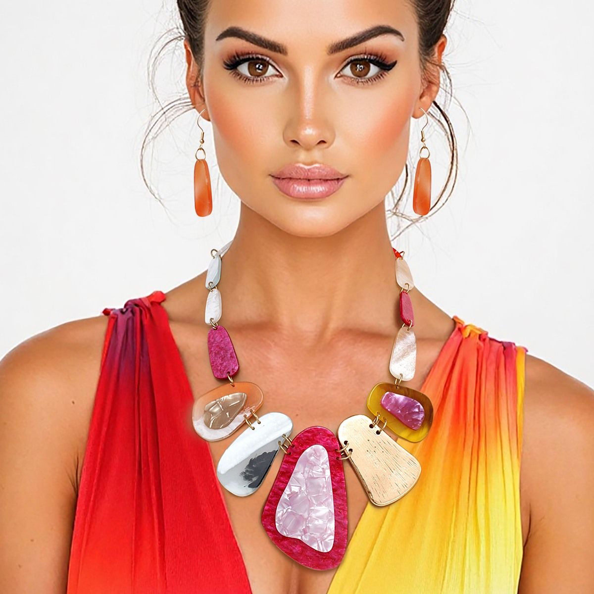 Multicolor Acrylic Bib Necklace Gold Tone Linked Set with Earrings